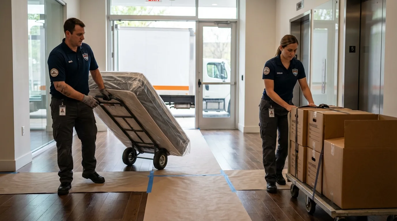 Professional apartment movers loading elevator in Sterling, VA